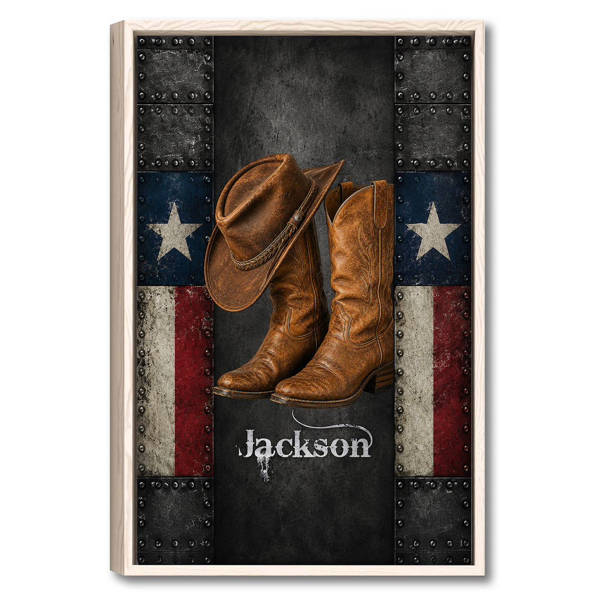 Framed cowboy wall art featuring brown boots and a Western hat against a rugged Texas-inspired background