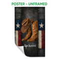 Unframed poster featuring cowboy boots and a Western hat with rustic red, white, blue, and black details