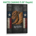 Matte canvas cowboy wall art featuring detailed boots and a Western hat on a textured background