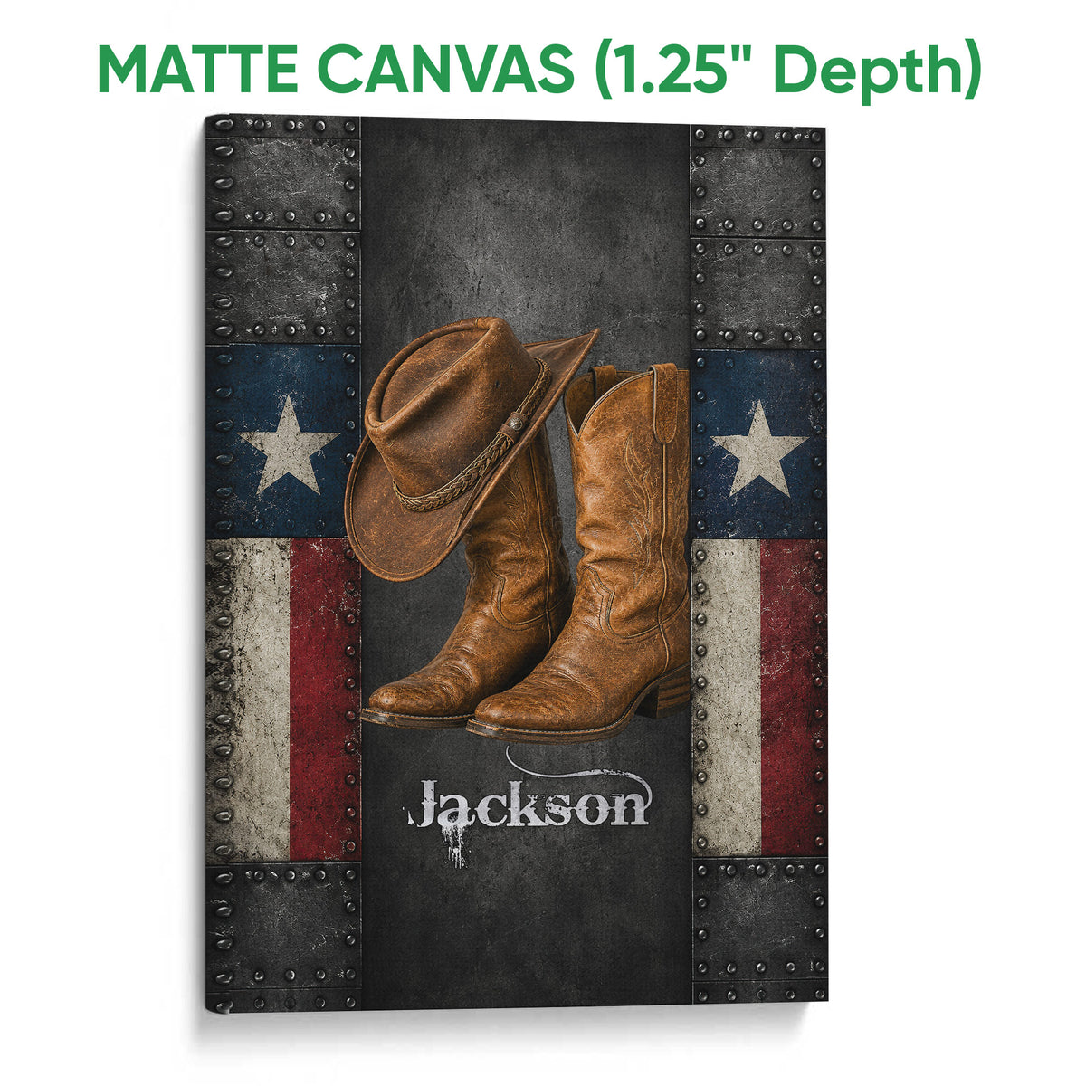 Matte canvas cowboy wall art featuring detailed boots and a Western hat on a textured background