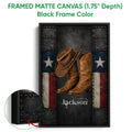 Framed matte canvas cowboy wall art shown with a black frame and close-up frame detail