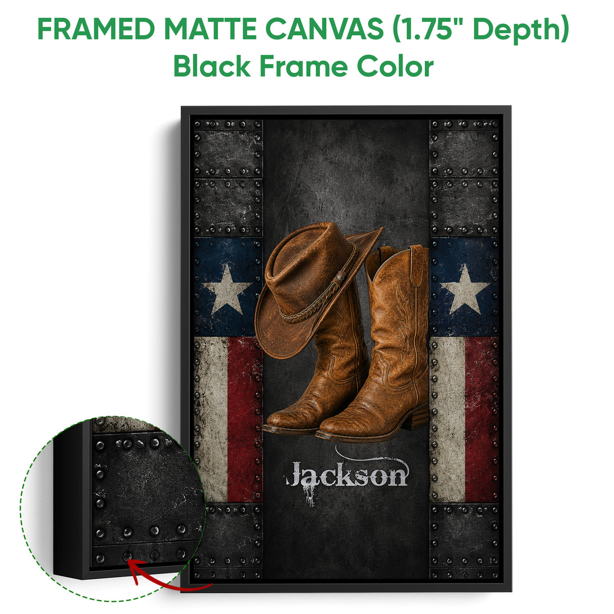 Framed matte canvas cowboy wall art shown with a black frame and close-up frame detail