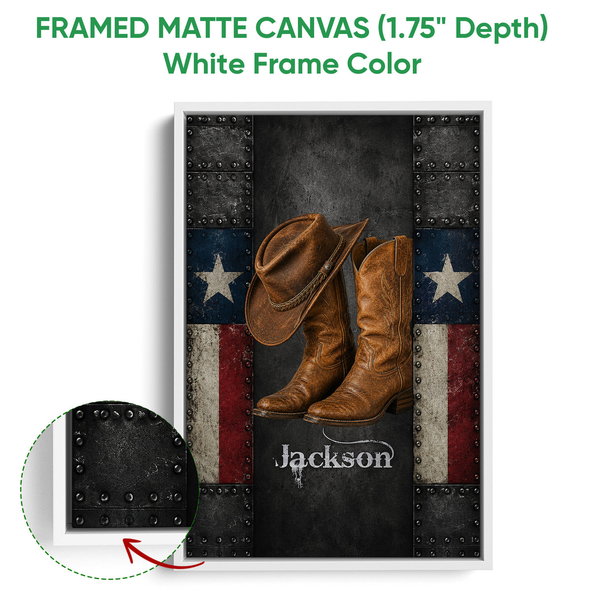 Framed matte canvas cowboy wall art shown with a white frame and close-up edge detail