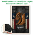 Framed matte canvas cowboy wall art shown with a natural wood frame and close-up edge detail