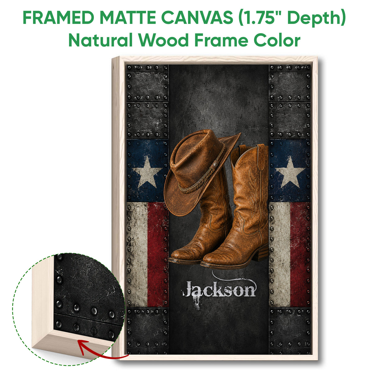 Framed matte canvas cowboy wall art shown with a natural wood frame and close-up edge detail