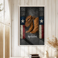 Cowboy wall art displayed in a bright rustic room with white wood paneling and natural decor