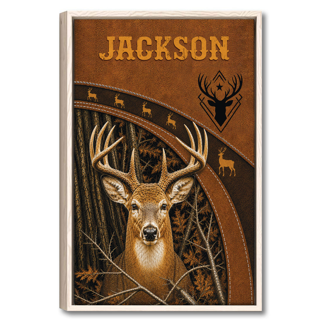 Framed hunting wall art featuring a detailed deer portrait, antlers, forest, and warm brown rustic tones
