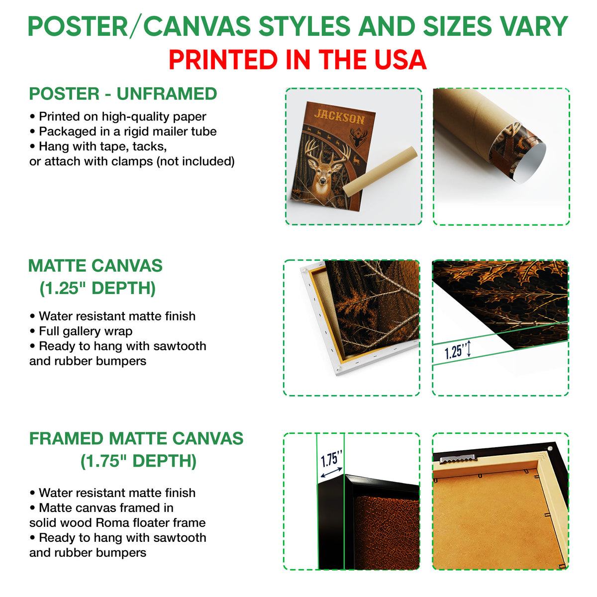 Poster or canvas wall art options guide showing the deer hunting design in unframed and framed formats