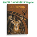 Matte canvas hunting wall art featuring a realistic deer portrait, forest background, and antler details