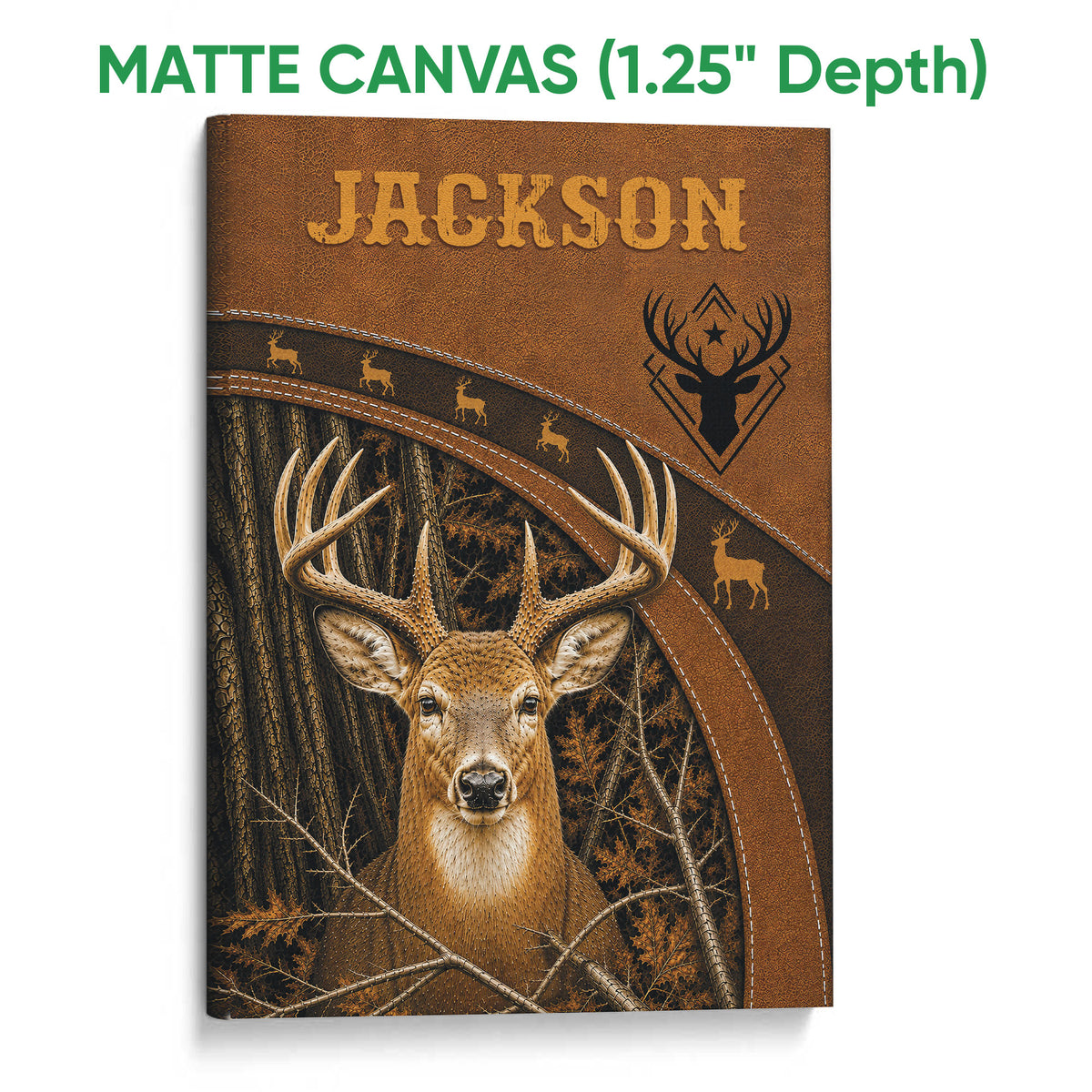 Matte canvas hunting wall art featuring a realistic deer portrait, forest background, and antler details