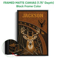 Black framed hunting wall art with a detailed deer portrait, antlers, forest, and dark rustic tones