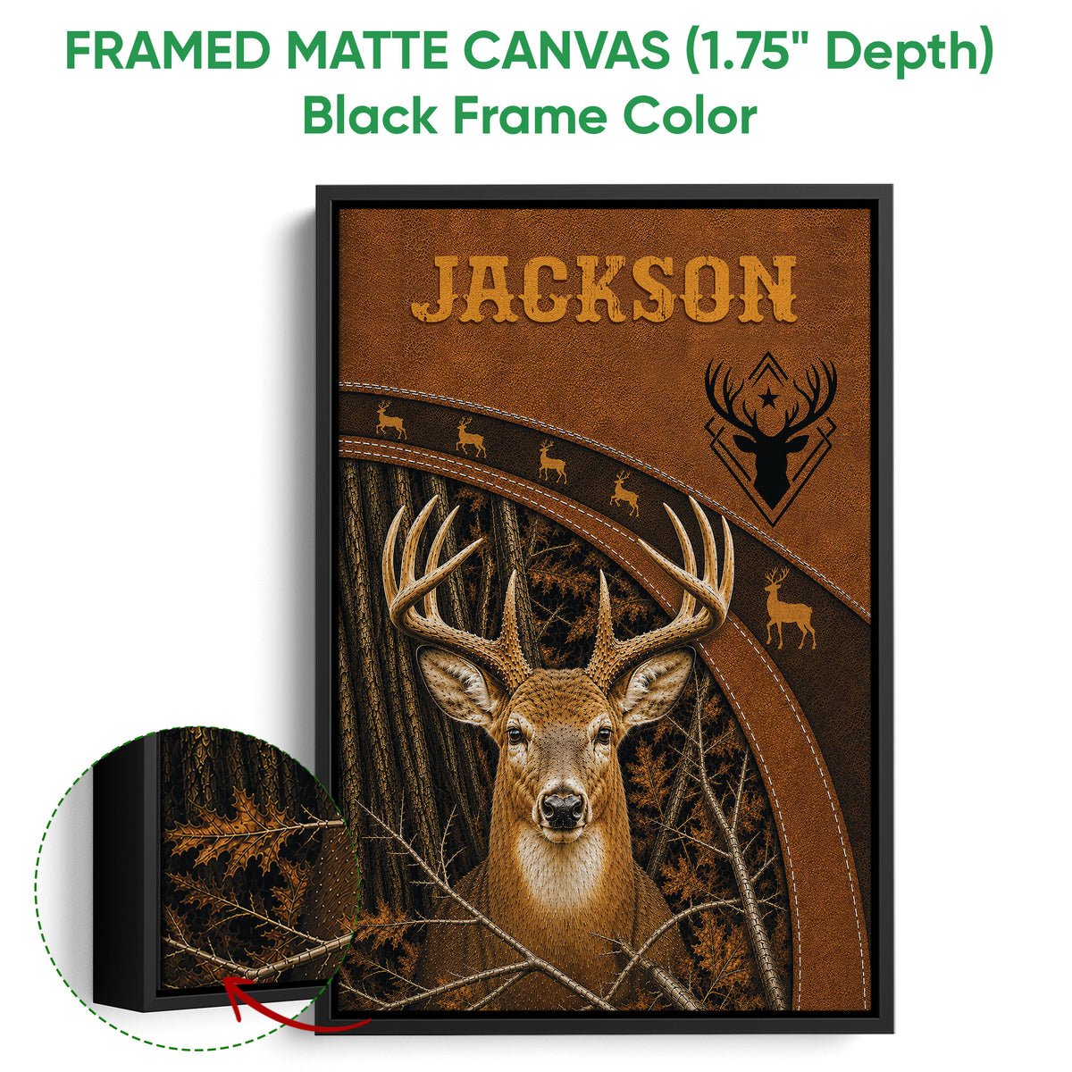 Black framed hunting wall art with a detailed deer portrait, antlers, forest, and dark rustic tones