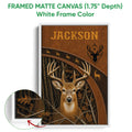 White framed hunting wall art featuring a deer portrait, antlers, woodland details, and warm brown colors