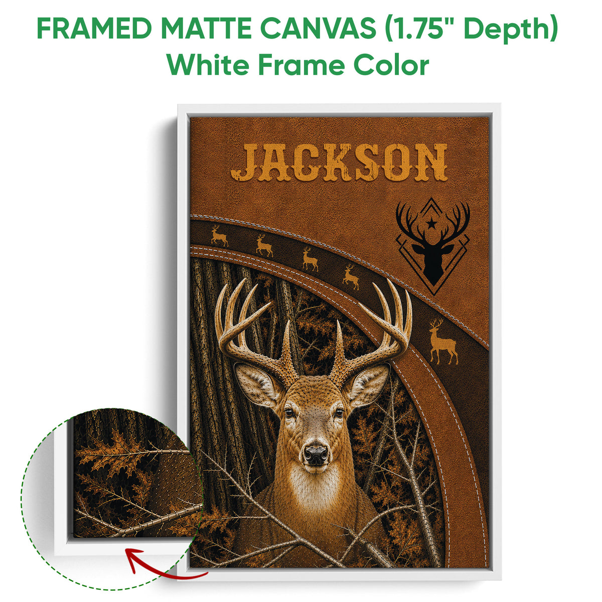 White framed hunting wall art featuring a deer portrait, antlers, woodland details, and warm brown colors