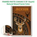 Natural wood framed hunting wall art featuring a detailed deer portrait and forest antler design