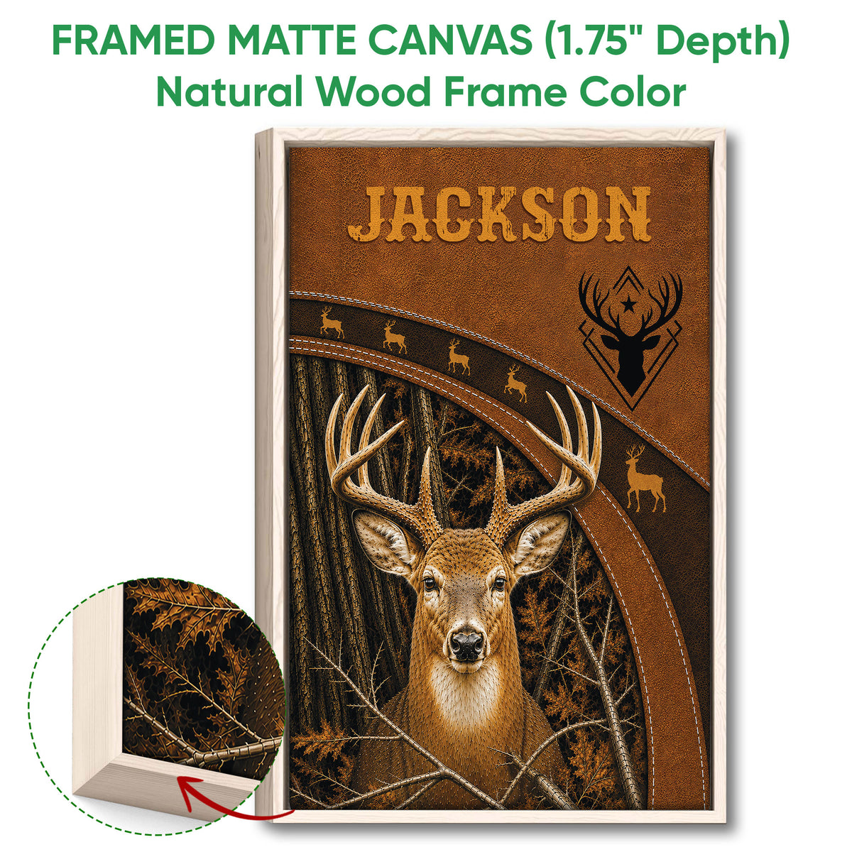 Natural wood framed hunting wall art featuring a detailed deer portrait and forest antler design