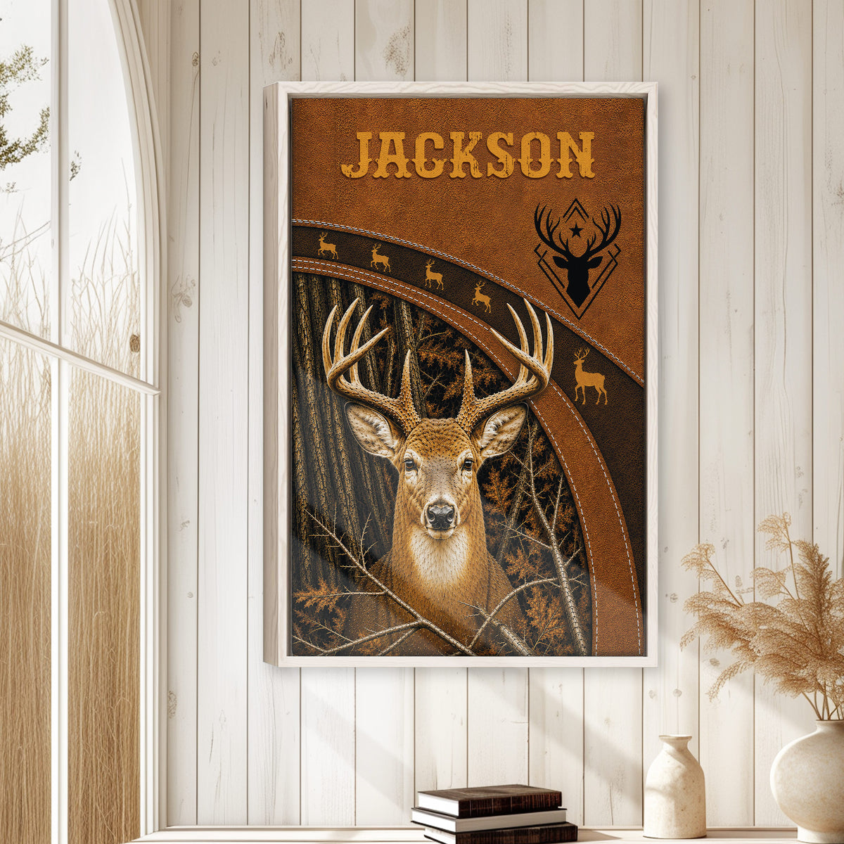 Framed deer hunting wall art displayed on a light wood-paneled wall in a rustic home interior