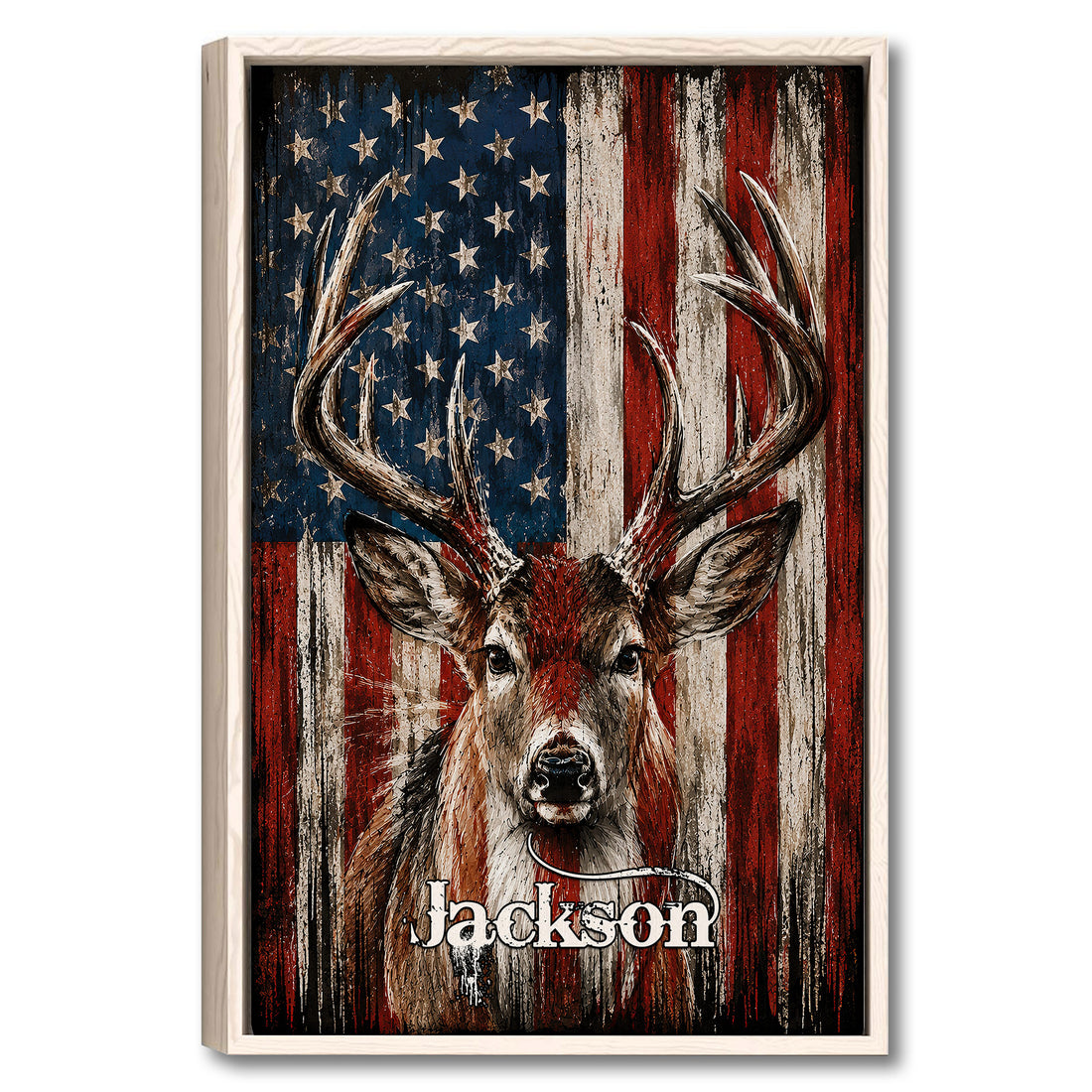 Framed hunting wall art featuring an antlered deer against a distressed American flag design