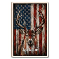 Framed hunting wall art featuring an antlered deer against a distressed American flag design