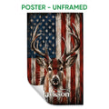 Unframed poster featuring an antlered deer over a distressed red, white, and blue flag background