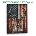 Matte canvas wall art featuring a detailed antlered deer and patriotic flag-inspired background