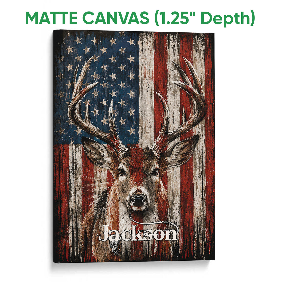 Matte canvas wall art featuring a detailed antlered deer and patriotic flag-inspired background