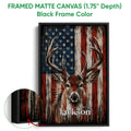 Black framed canvas wall art featuring an antlered deer with bold red, white, and blue artwork