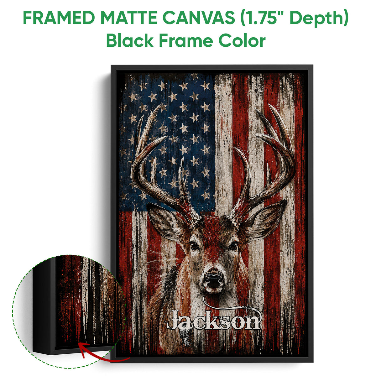 Black framed canvas wall art featuring an antlered deer with bold red, white, and blue artwork