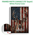White framed canvas wall art featuring an antlered deer and distressed patriotic background
