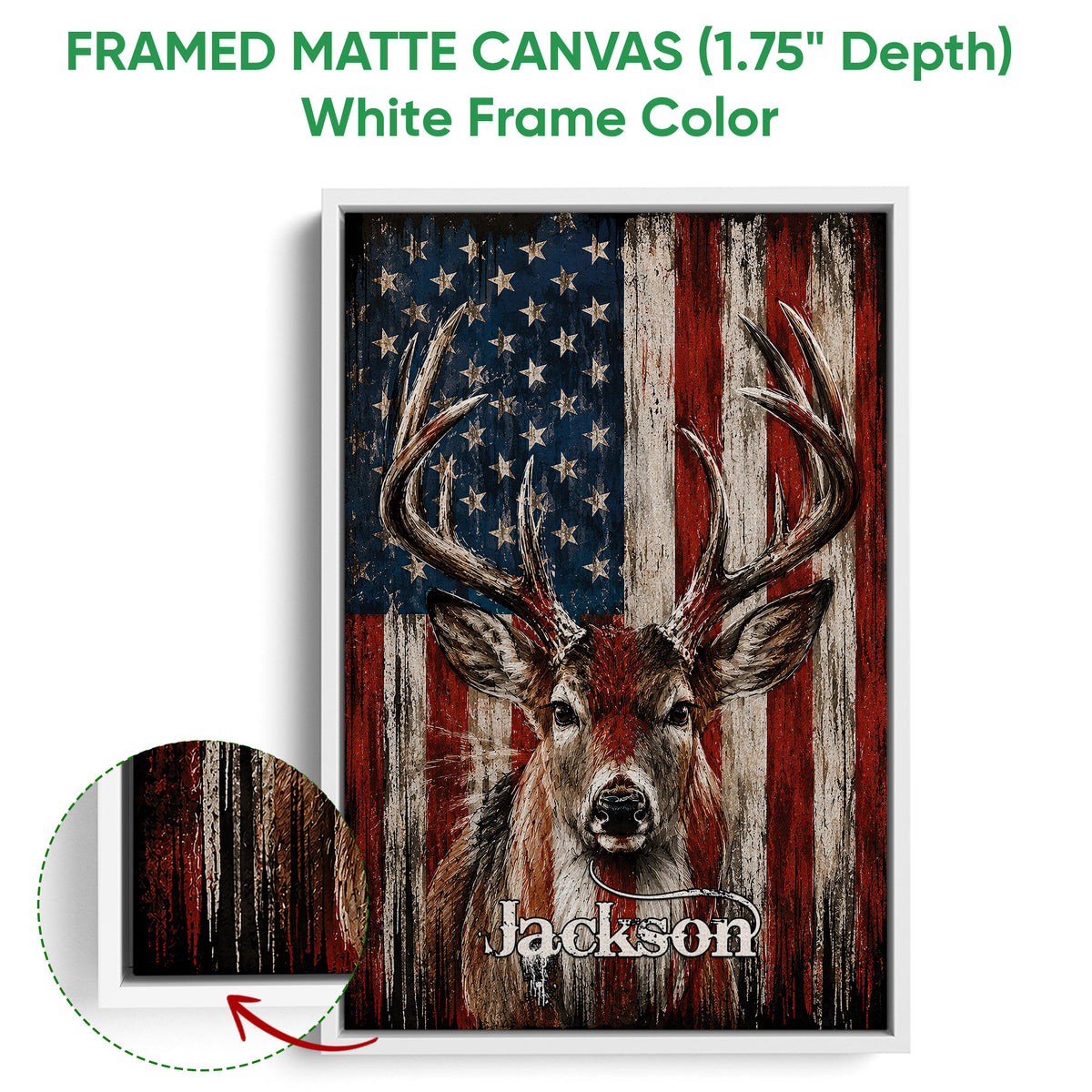 White framed canvas wall art featuring an antlered deer and distressed patriotic background
