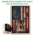 Natural wood framed canvas wall art featuring an antlered deer in a patriotic design