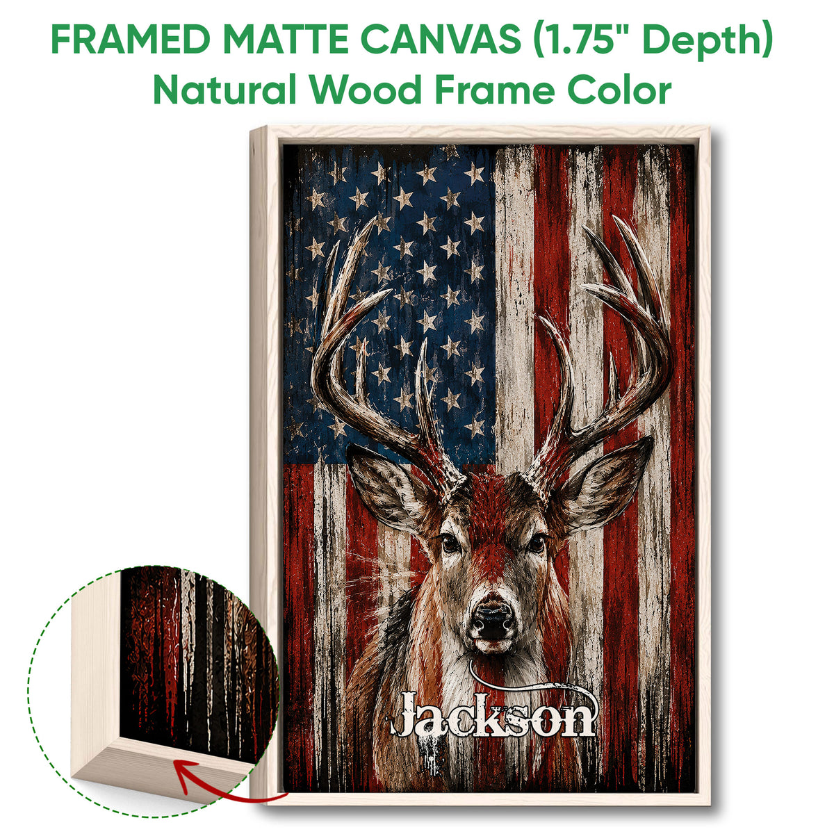 Natural wood framed canvas wall art featuring an antlered deer in a patriotic design