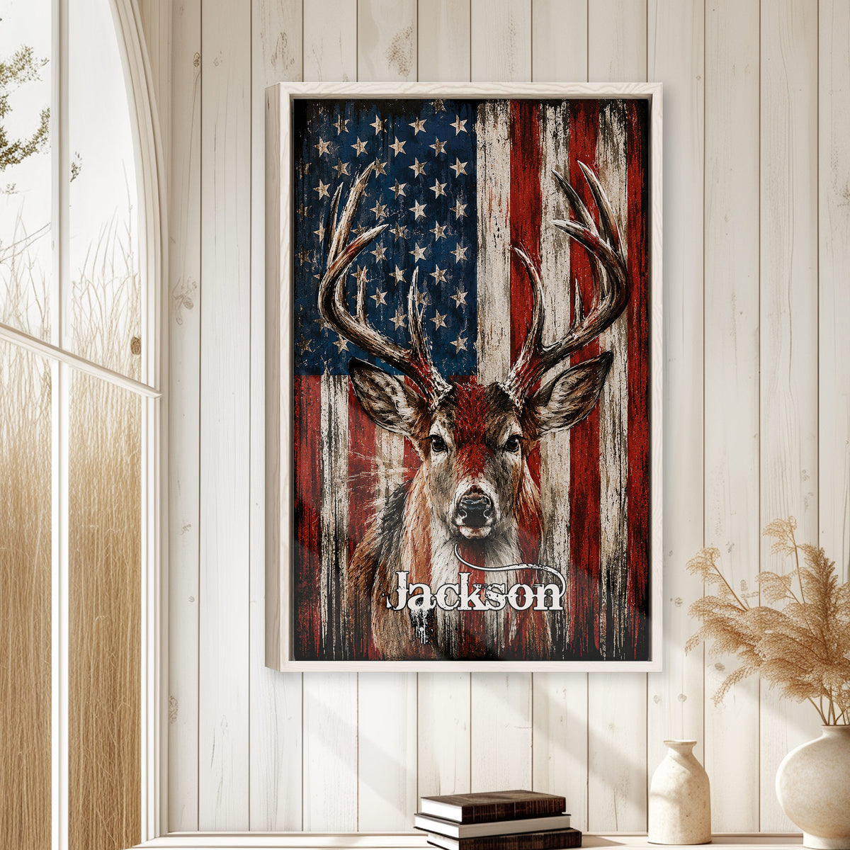 Framed hunting wall art displayed on a light wood-paneled wall with rustic home decor