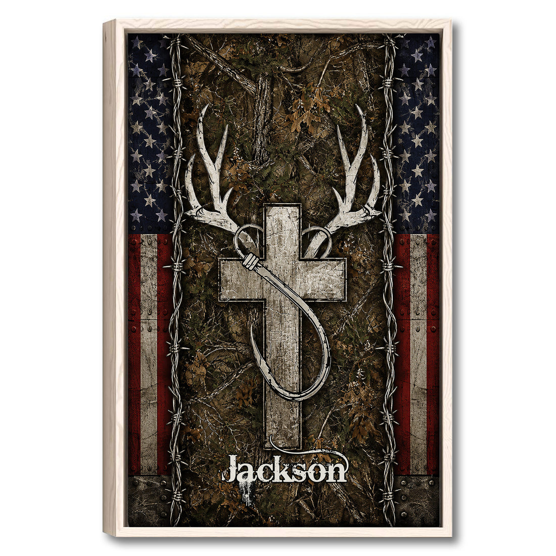 Framed hunting wall art featuring white deer antlers, woodland camouflage, and patriotic flag accents
