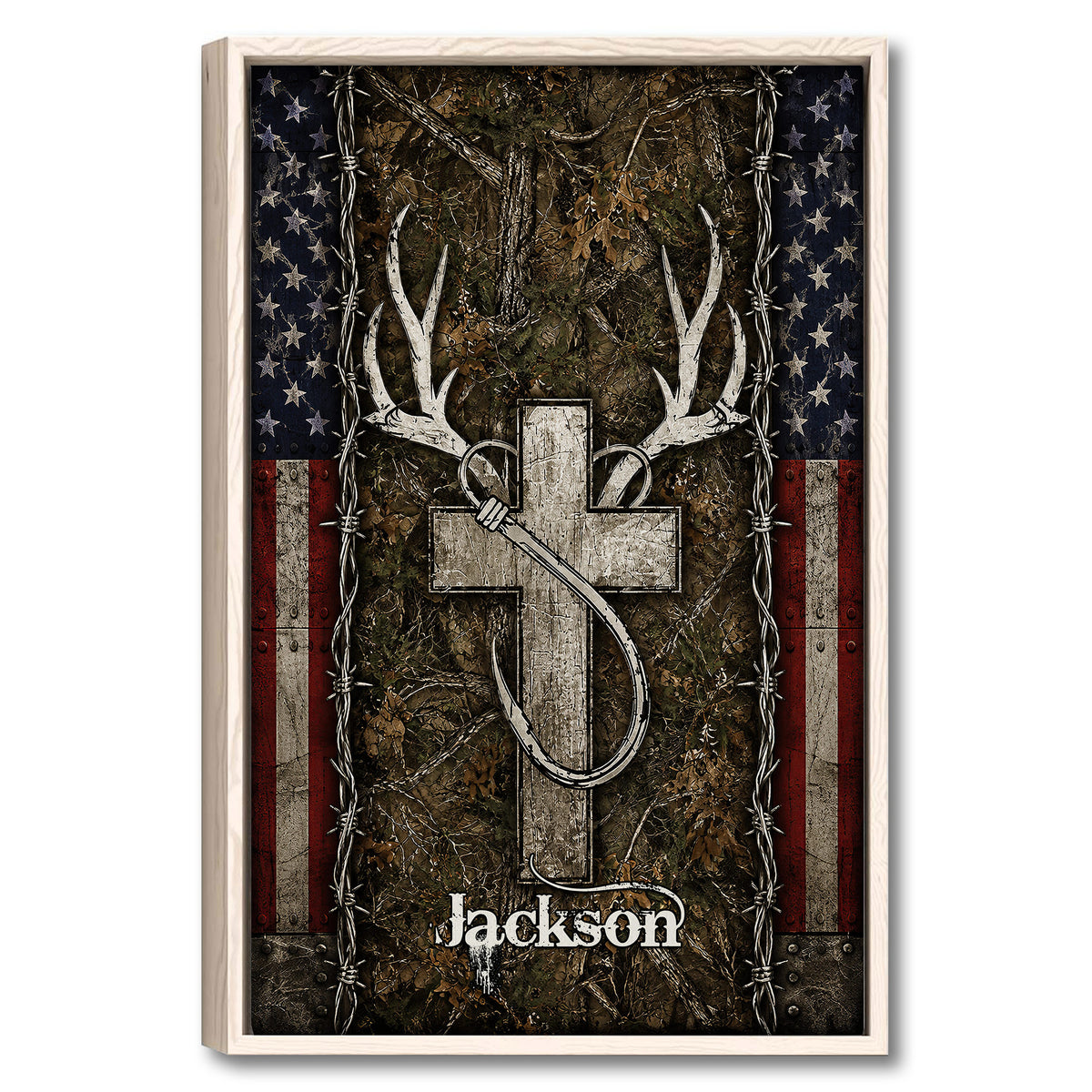 Framed hunting wall art featuring white deer antlers, woodland camouflage, and patriotic flag accents