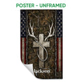 Unframed hunting poster with deer antlers, woodland camouflage, bow motif, and flag-inspired accents