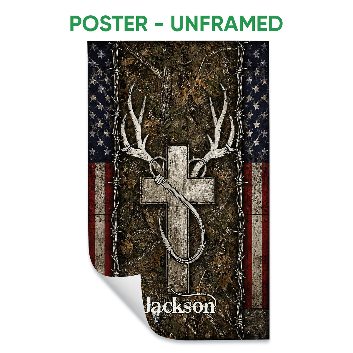 Unframed hunting poster with deer antlers, woodland camouflage, bow motif, and flag-inspired accents