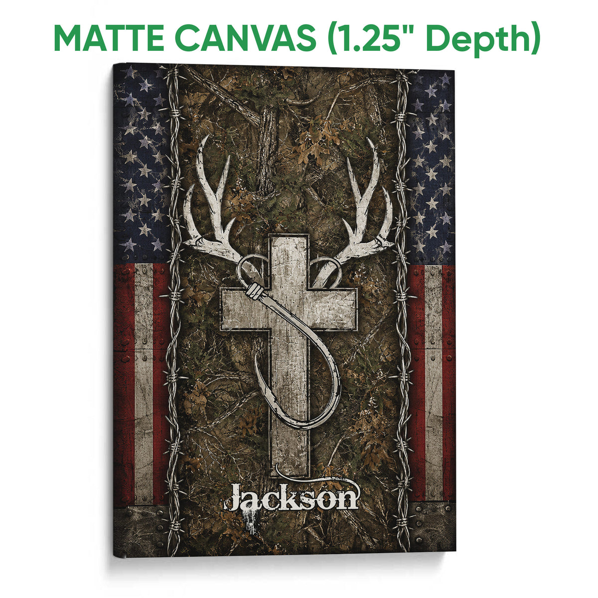 Matte canvas hunting wall art featuring white deer antlers over a dark woodland camouflage background
