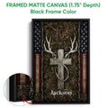 Black framed canvas hunting wall art with deer antlers, camouflage texture, and red, white, and blue accents