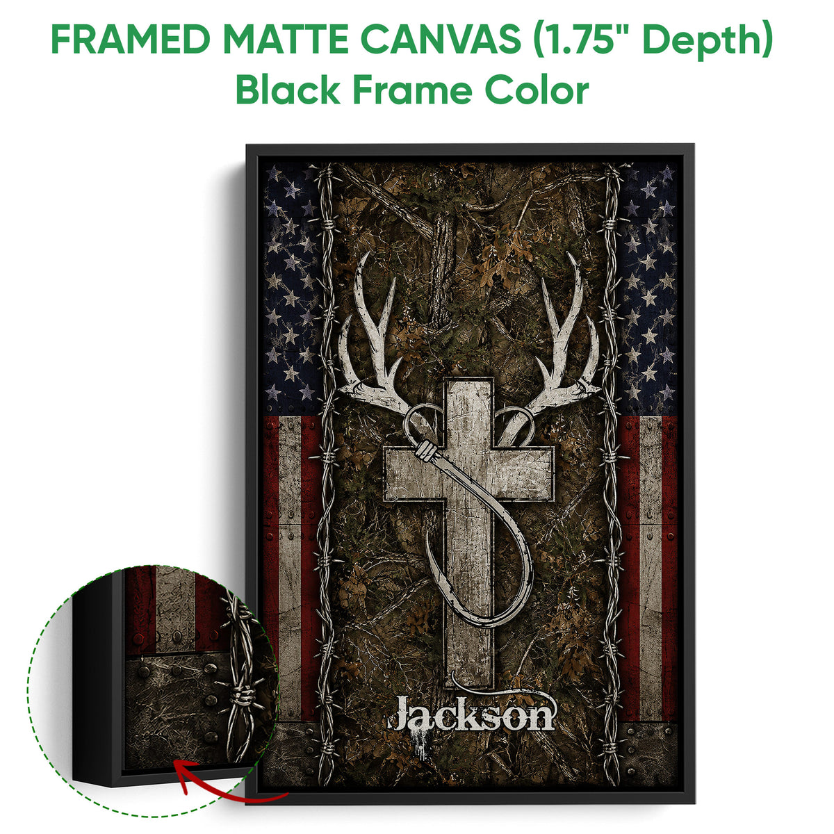Black framed canvas hunting wall art with deer antlers, camouflage texture, and red, white, and blue accents