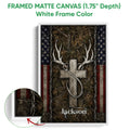 White framed canvas hunting wall art with deer antlers, woodland camouflage, and patriotic design details