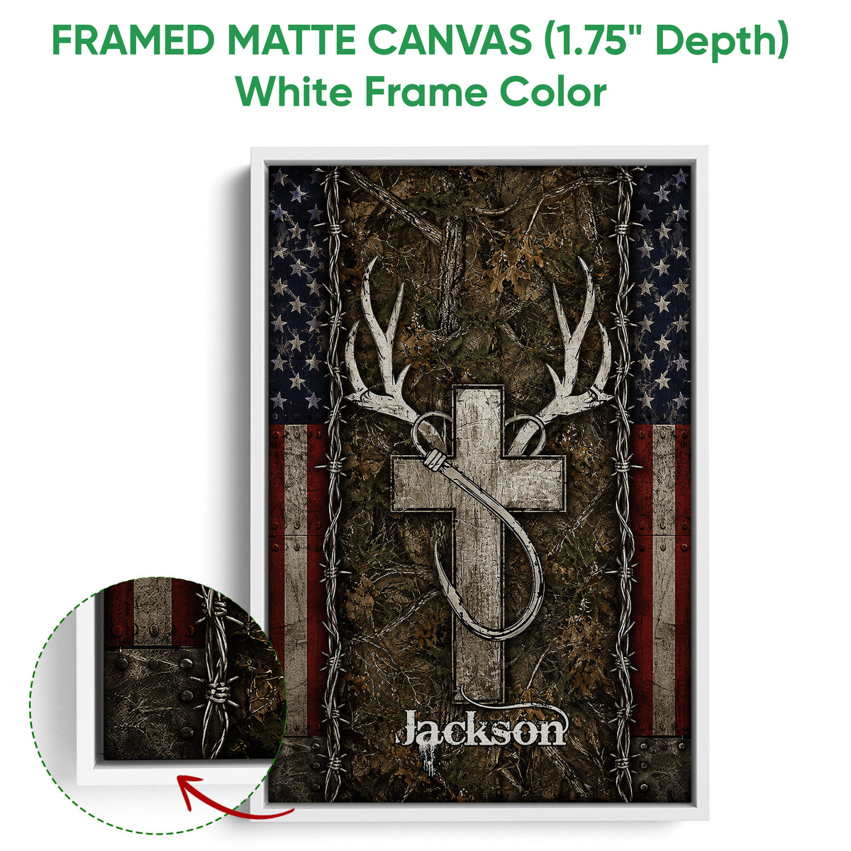 White framed canvas hunting wall art with deer antlers, woodland camouflage, and patriotic design details