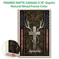 Natural wood framed hunting wall art with deer antlers, camouflage texture, and stars and stripes accents