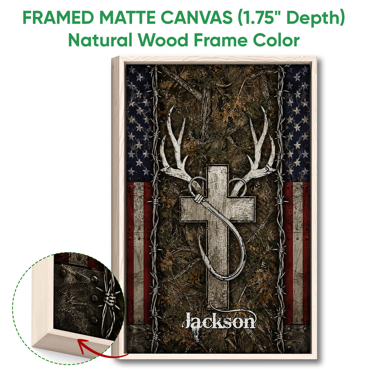 Natural wood framed hunting wall art with deer antlers, camouflage texture, and stars and stripes accents