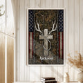 Hunting wall art displayed in a bright rustic room with white wood paneling and natural wood framing
