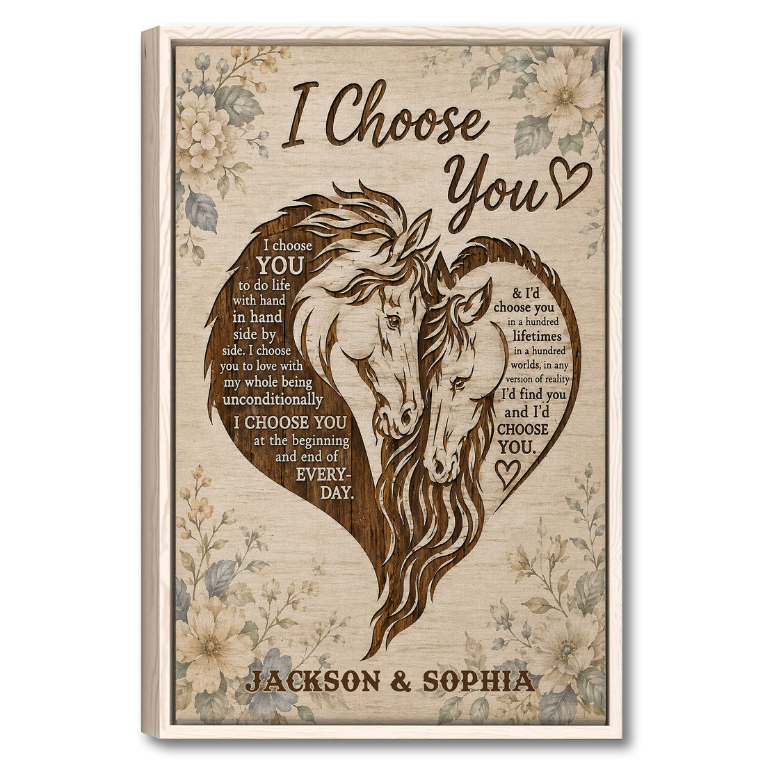 Framed horse wall art with two horses in a heart, floral accents, and a romantic message