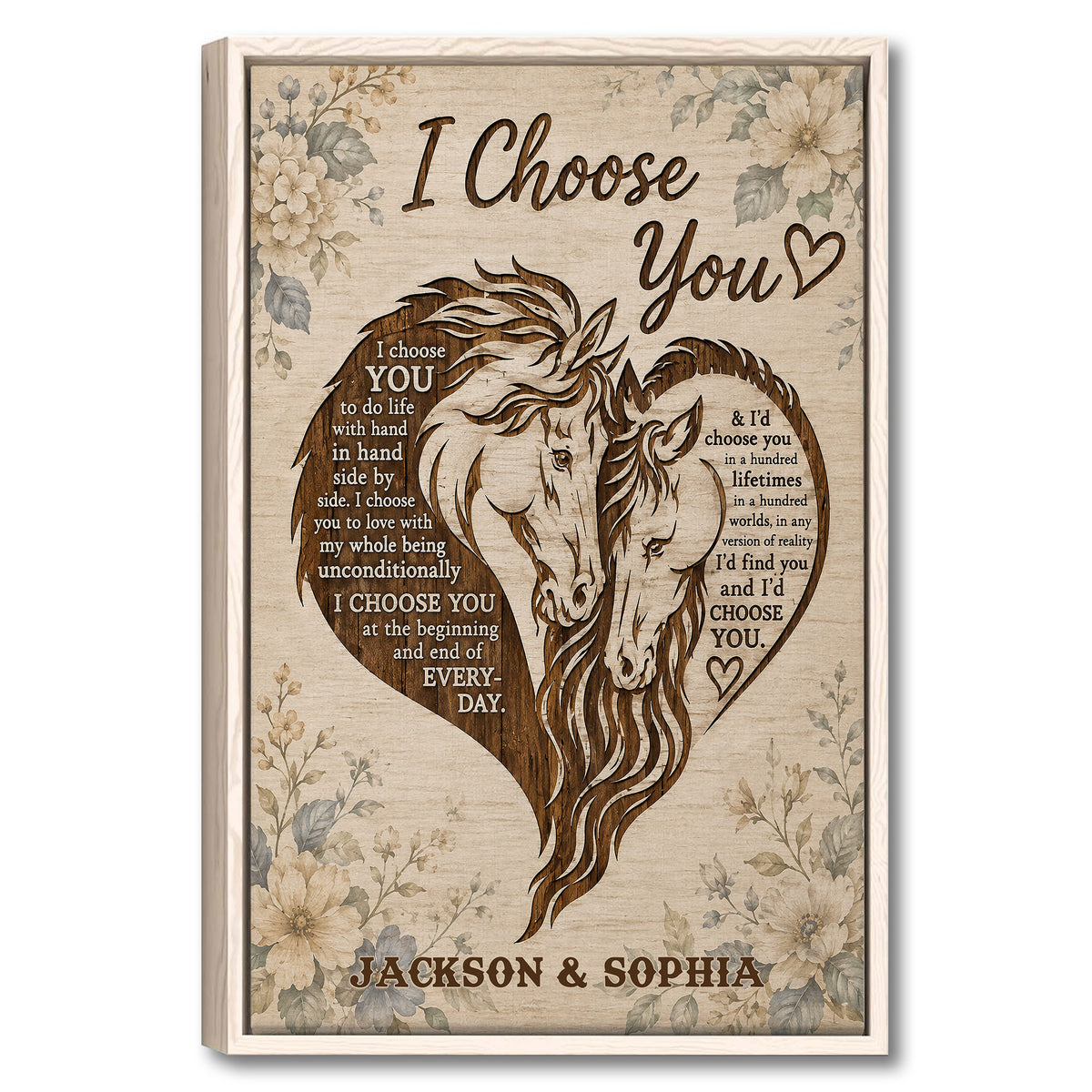 Framed horse wall art with two horses in a heart, floral accents, and a romantic message