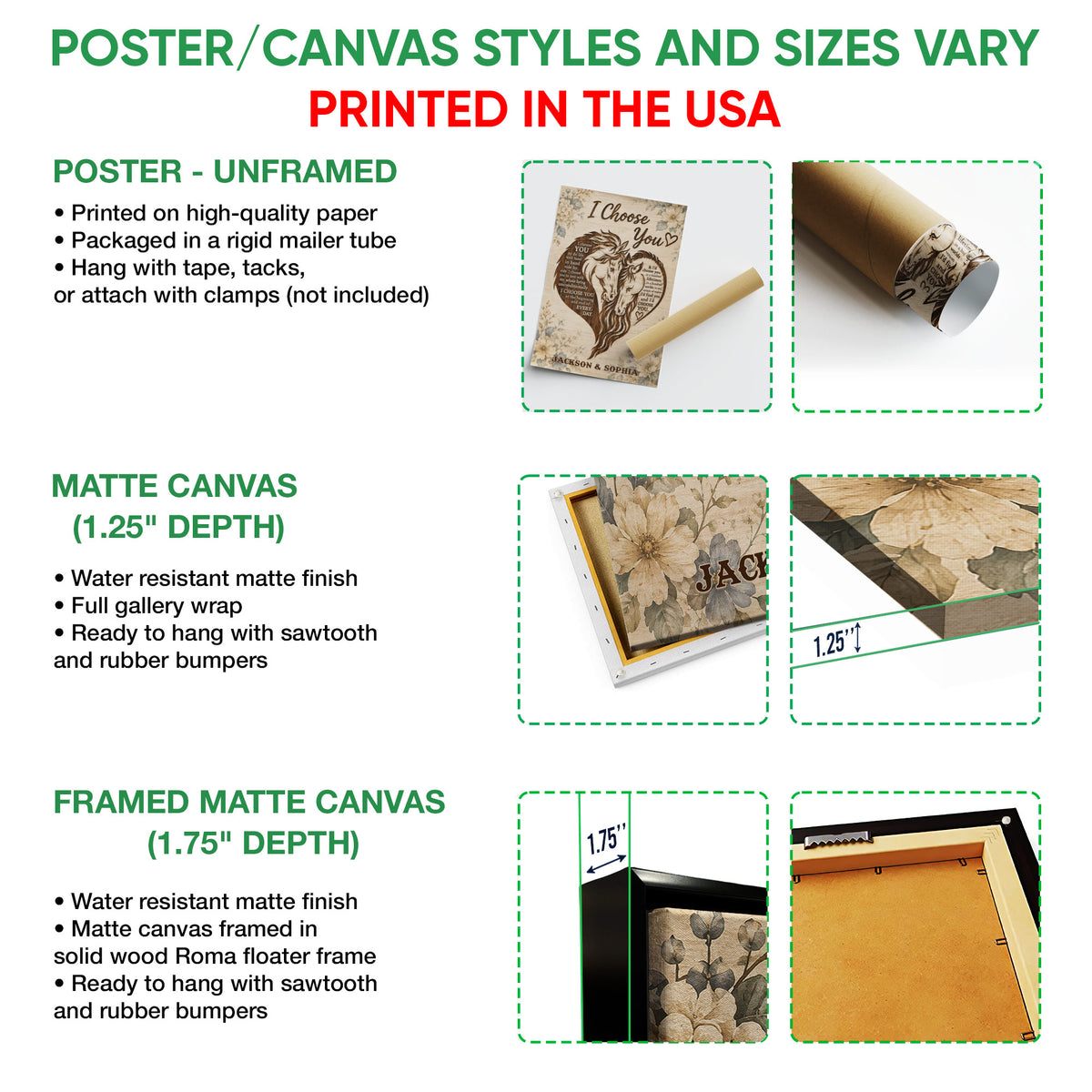 Poster and canvas wall art format guide showing unframed poster, matte canvas, and framed canvas options