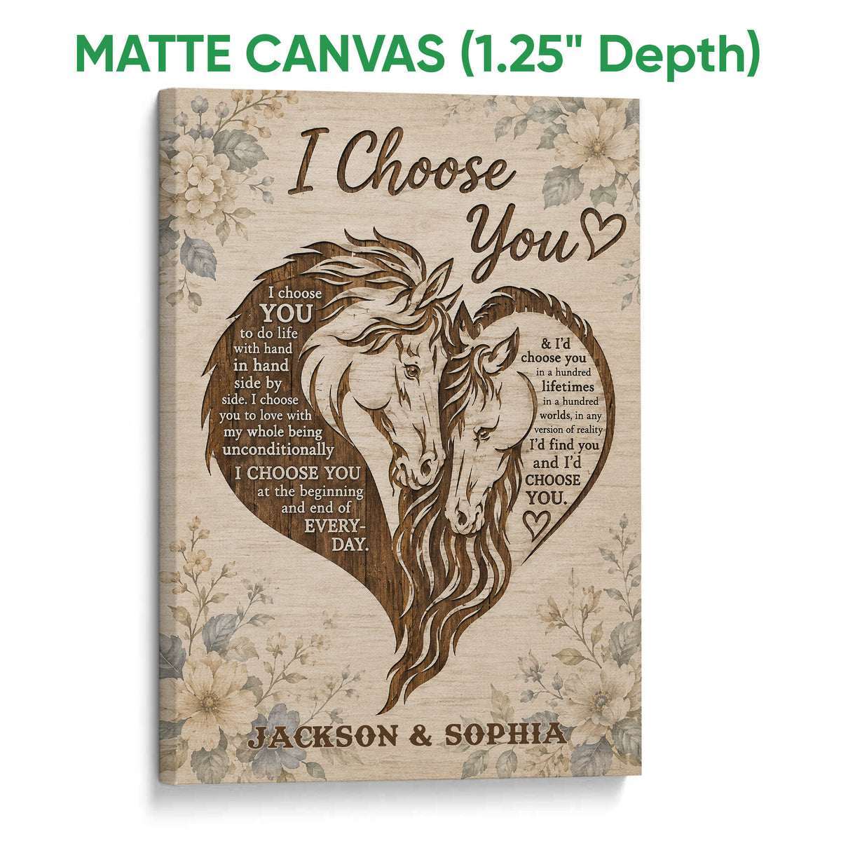 Matte canvas horse wall art featuring two horses, muted flowers, romantic wording, and a textured neutral background