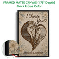 Framed matte canvas horse wall art shown with a black frame and a close-up of the floral artwork
